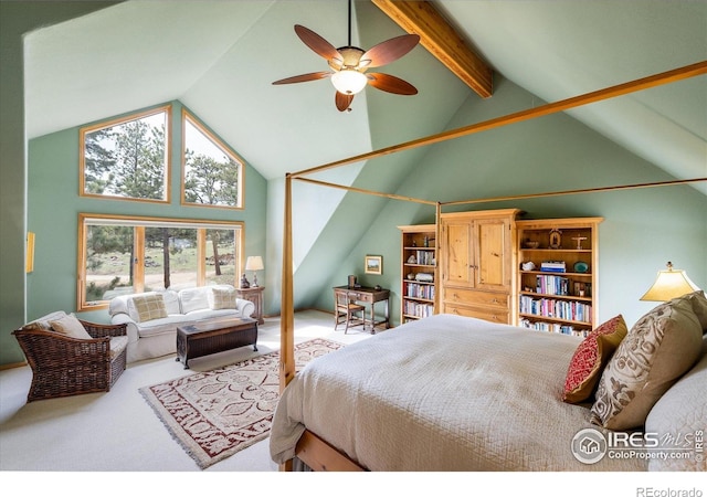 187 Rocky Knob Ln, Nederland, CO 80466 - carpeted bedroom with high vaulted ceiling, ceiling fan, and beamed ceiling