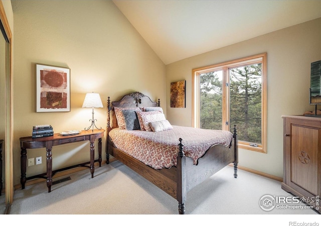 187 Rocky Knob Ln, Nederland, CO 80466 - bedroom with baseboards, light colored carpet, and lofted ceiling
