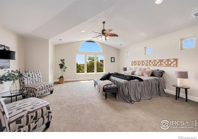 1105 Shelby Dr, Berthoud, CO 80513 - bedroom featuring carpet floors, vaulted ceiling, baseboards, a ceiling fan, and recessed lighting