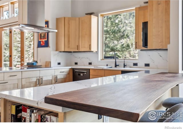 1127 Valley Ln, Boulder, CO 80302 - kitchen featuring a sink, light brown cabinets, decorative backsplash, range hood, and black appliances