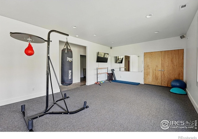1127 Valley Ln, Boulder, CO 80302 - exercise area featuring recessed lighting, carpet, baseboards, and visible vents