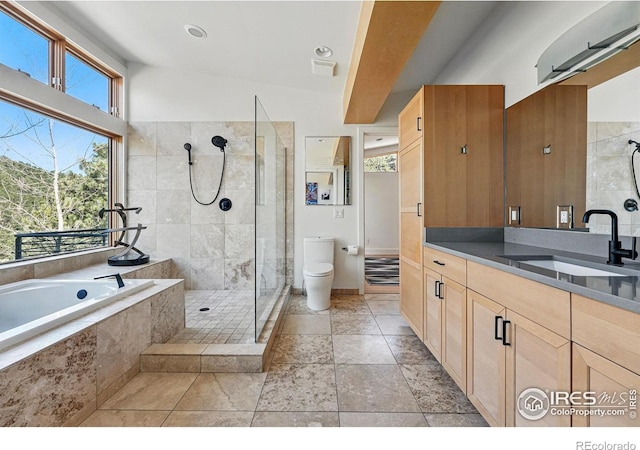 1127 Valley Ln, Boulder, CO 80302 - bathroom with toilet, a tile shower, a bath, and vanity