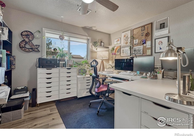 150 Lori Dr, Loveland, CO 80537 - office with a textured ceiling, ceiling fan, wood finished floors, and a textured wall