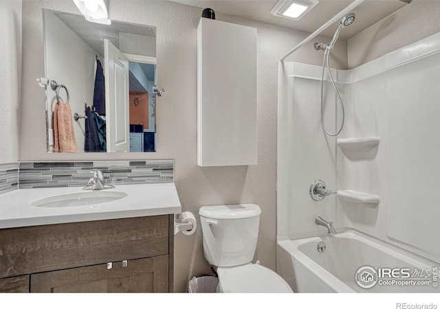 150 Lori Dr, Loveland, CO 80537 - bathroom with vanity, tasteful backsplash, toilet, and shower / tub combination
