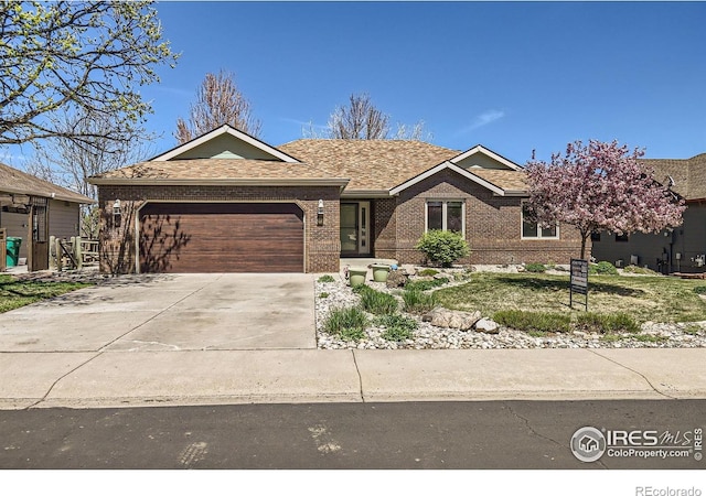 ranch-style house featuring an attached garage, a shingled roof, brick siding, and driveway