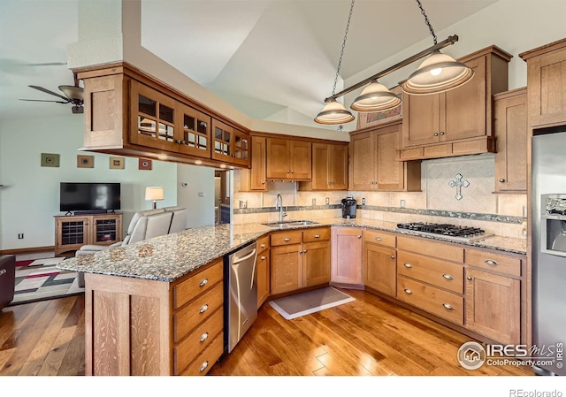 kitchen with a sink, light wood finished floors, a ceiling fan, and appliances with stainless steel finishes
