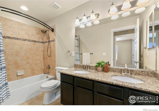 1693 Maseca Plaza Way, Severance, CO 80550 - bathroom with tile patterned floors, shower / bath combination with curtain, toilet, and double vanity