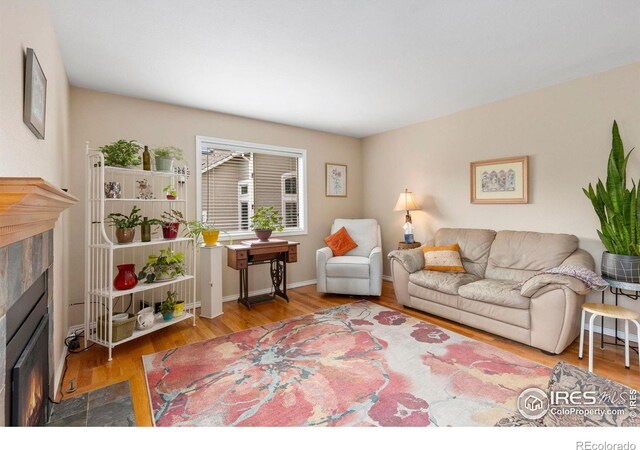 living area featuring baseboards, wood finished floors, and a tile fireplace