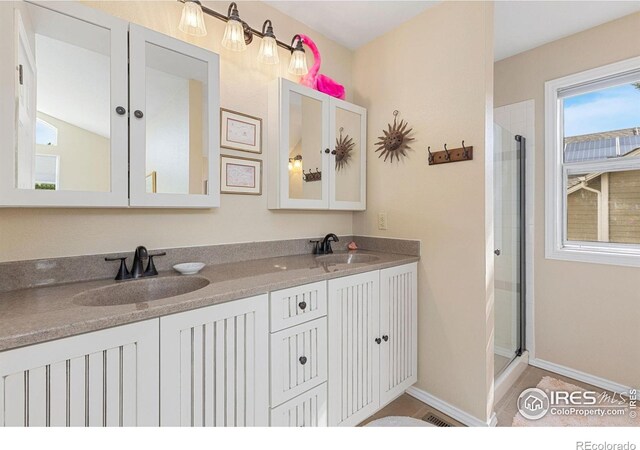 bathroom with a sink, baseboards, an enclosed shower, and double vanity