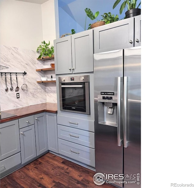 1600 Dogwood Ct, Fort Collins, CO 80525 - kitchen with open shelves, wooden counters, dark wood-type flooring, gray cabinets, and appliances with stainless steel finishes