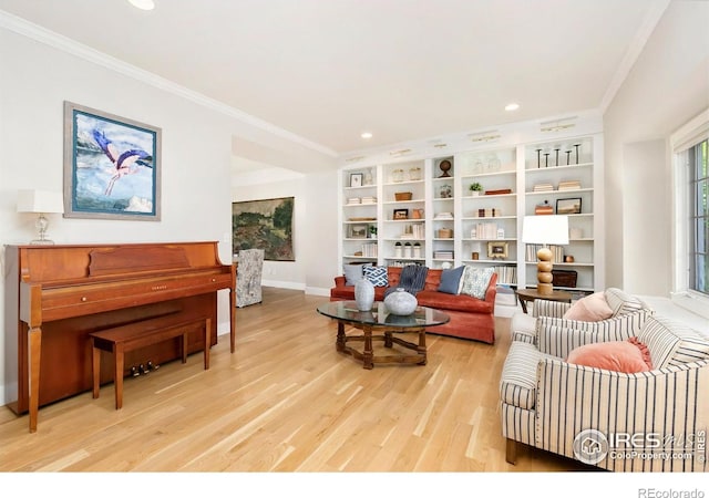 living room with crown molding, baseboards, recessed lighting, and light wood finished floors