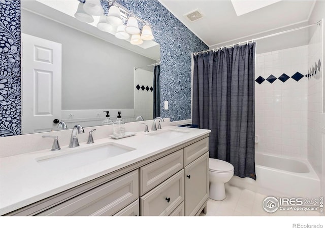 full bathroom with wallpapered walls, visible vents, a sink, and tile patterned flooring