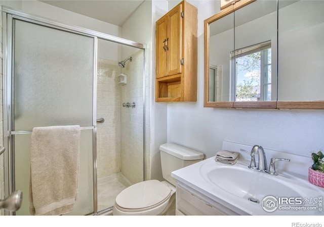 full bath featuring vanity, toilet, and a stall shower