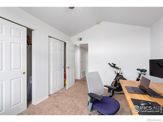 exercise area with visible vents, carpet flooring, baseboards, and lofted ceiling
