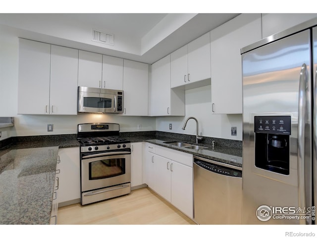 kitchen featuring a sink, stainless steel appliances, white cabinetry, and visible vents