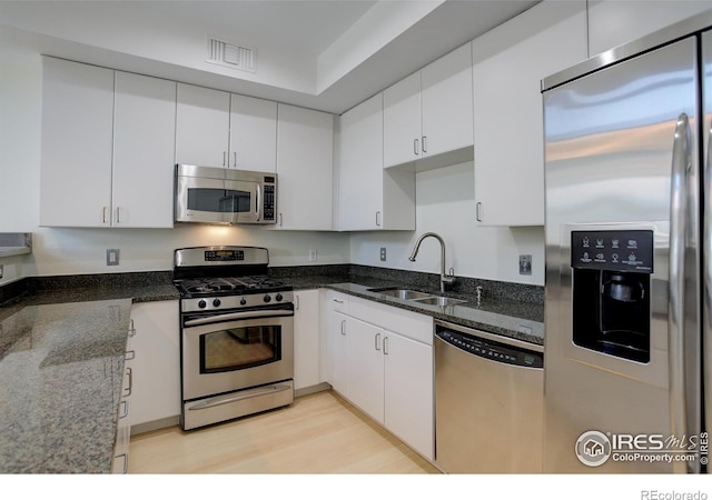 1200 Yarmouth Ave Unit 238, Boulder, CO 80304 - kitchen featuring a sink, stainless steel appliances, white cabinetry, and visible vents