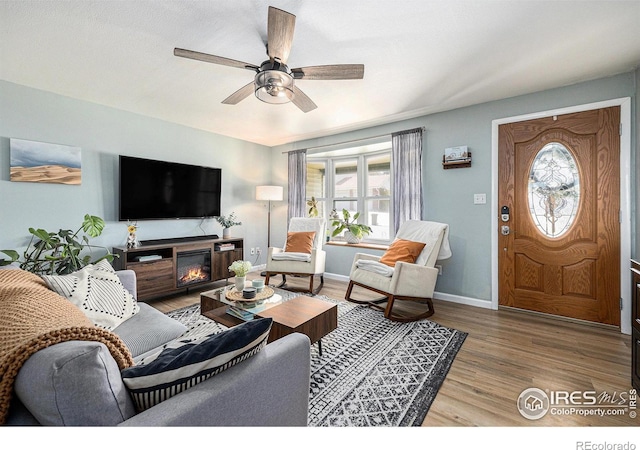 7960 Estes Ct, Arvada, CO 80005 - living area featuring baseboards, ceiling fan, a healthy amount of sunlight, and wood finished floors
