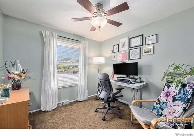 7960 Estes Ct, Arvada, CO 80005 - office area featuring baseboards, carpet, ceiling fan, and visible vents