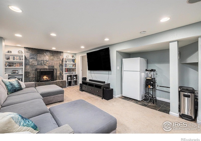 7960 Estes Ct, Arvada, CO 80005 - carpeted living area featuring recessed lighting, baseboards, and a tile fireplace