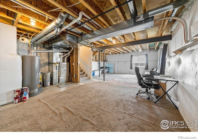 basement with stairs and water heater