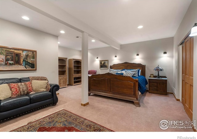 6836 Spanish Bay Dr, Windsor, CO 80550 - bedroom with beamed ceiling, baseboards, light carpet, and recessed lighting