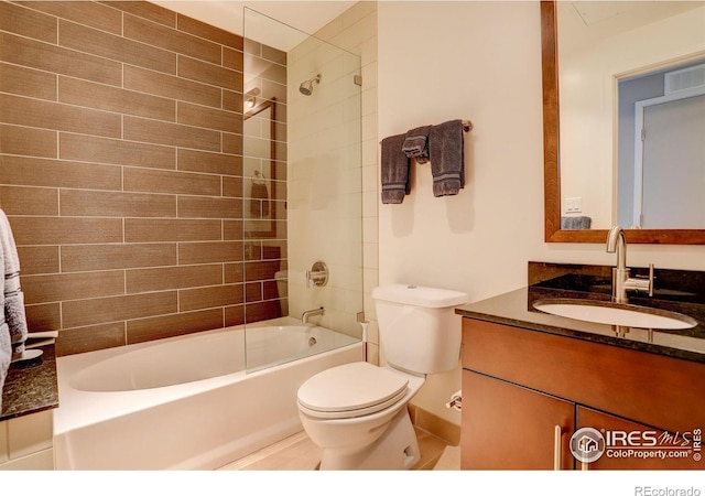 bathroom with vanity,  shower combination, visible vents, and toilet