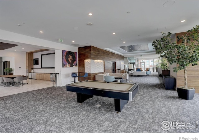 recreation room with billiards, carpet, recessed lighting, and visible vents