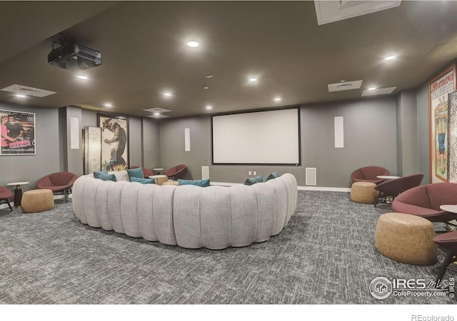 cinema room featuring baseboards, carpet, and recessed lighting