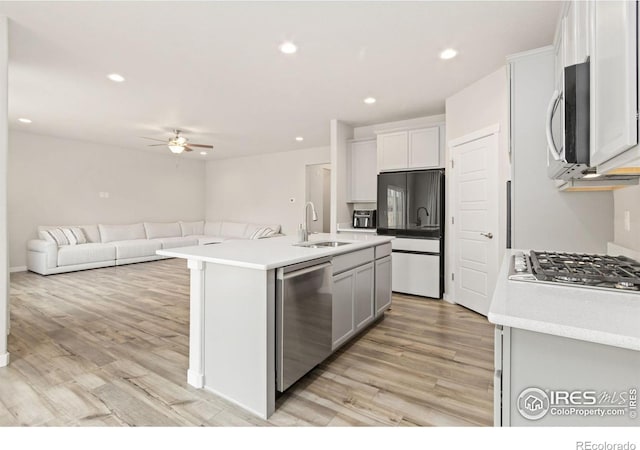 kitchen featuring a sink, ceiling fan, stainless steel appliances, and light wood-style flooring