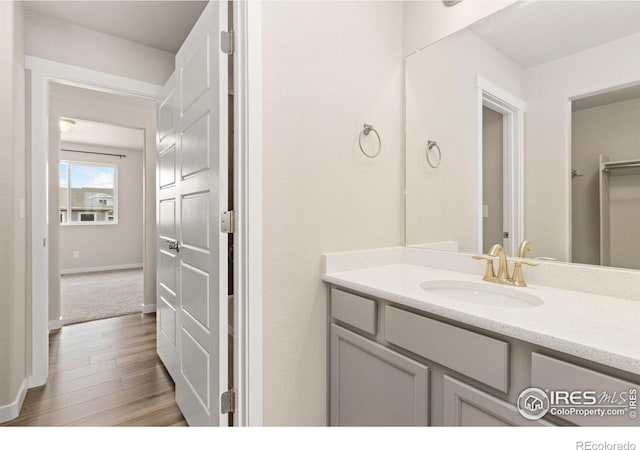 bathroom with vanity, baseboards, and wood finished floors
