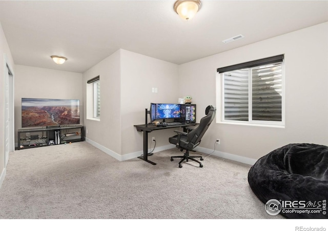office with baseboards, carpet flooring, and visible vents