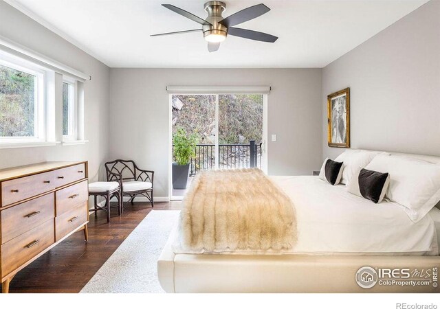 bedroom with a ceiling fan, dark wood-style floors, and access to exterior