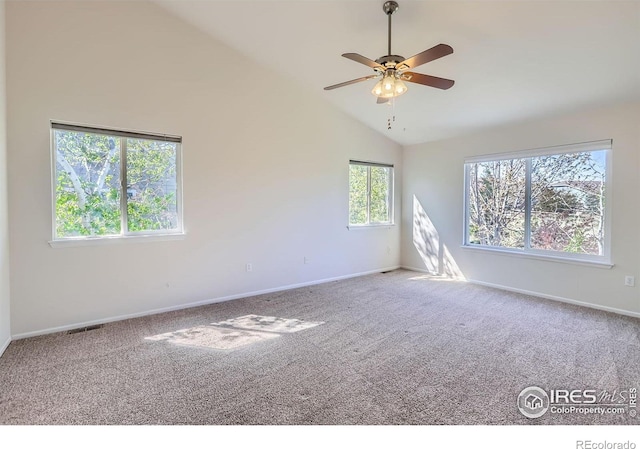 910 Pope Dr, Erie, CO 80516 - carpeted spare room with baseboards, ceiling fan, and high vaulted ceiling