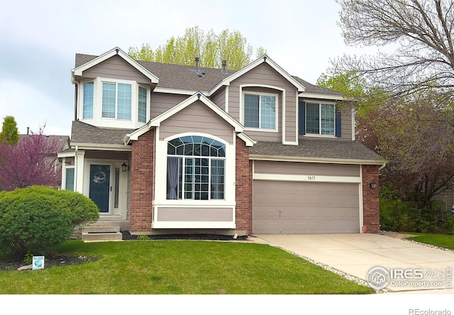 view of front facade featuring a shingled roof, a garage, a front yard, entry steps, and concrete driveway