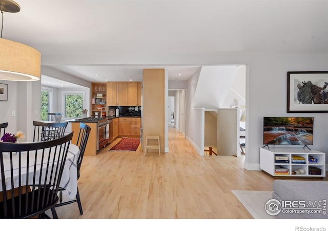 interior space with recessed lighting, baseboards, and light wood finished floors