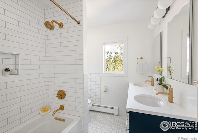 full bath featuring double vanity, tub / shower combination, a sink, and a baseboard radiator