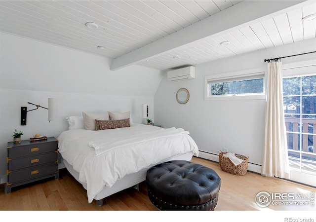 bedroom with vaulted ceiling with beams, a wall mounted air conditioner, wood ceiling, and wood finished floors