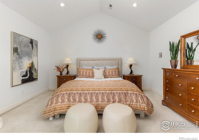 bedroom with light colored carpet, recessed lighting, baseboards, and vaulted ceiling