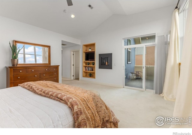 carpeted bedroom with access to exterior, a ceiling fan, baseboards, lofted ceiling, and visible vents