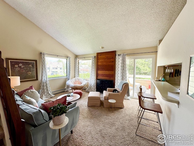 living room featuring vaulted ceiling, a baseboard radiator, carpet flooring, and a textured ceiling
