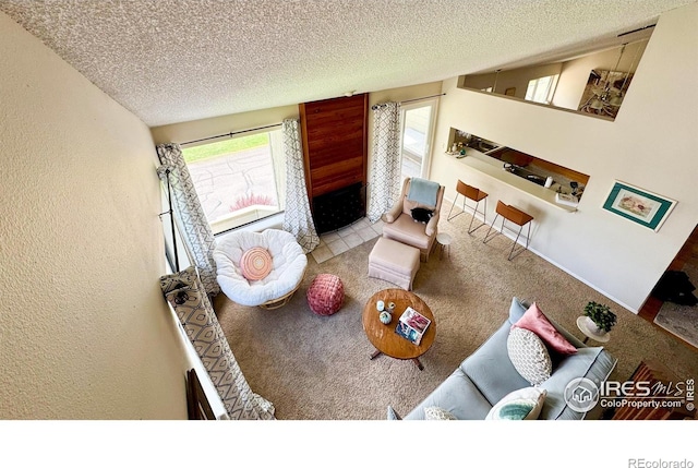 carpeted living area featuring a textured wall, a textured ceiling, and lofted ceiling