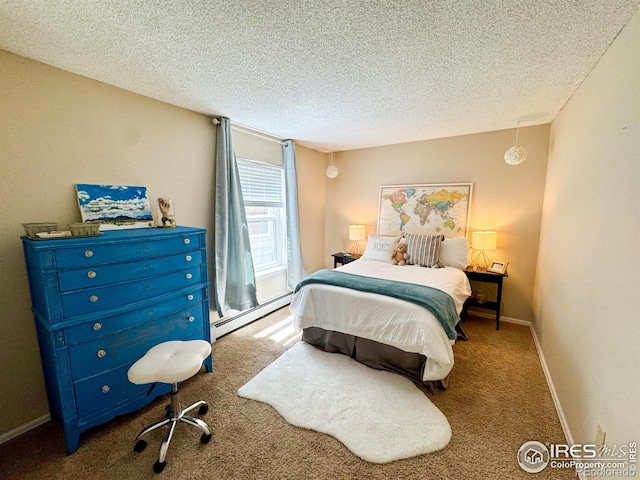 bedroom featuring baseboards, a baseboard radiator, carpet, and a textured ceiling