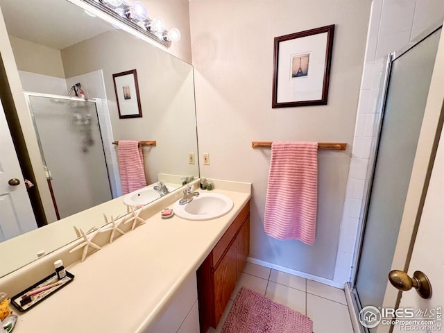 bathroom with vanity, tile patterned floors, and a stall shower