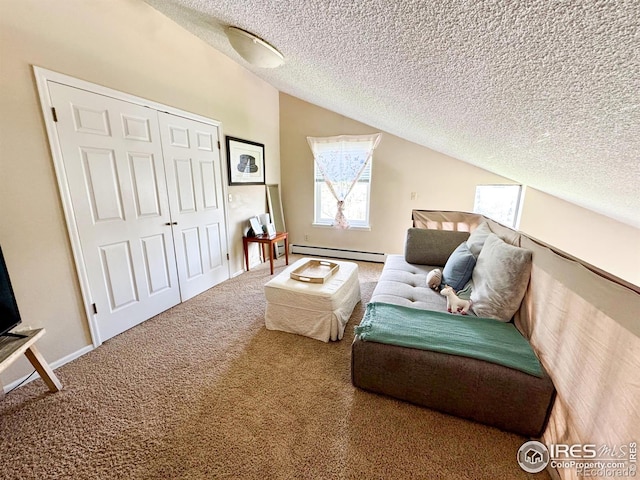 living area featuring carpet floors, vaulted ceiling, a baseboard heating unit, and a textured ceiling