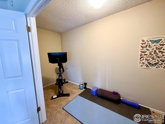 workout area featuring a textured ceiling, baseboards, and carpet