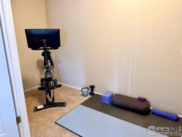exercise room featuring baseboards and carpet