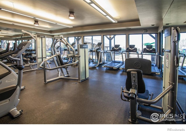 gym with a raised ceiling