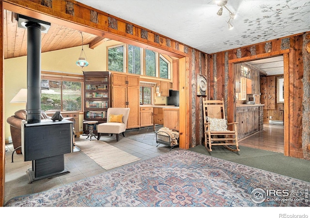living area featuring a wood stove, baseboard heating, vaulted ceiling, and wood walls