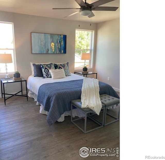 bedroom with a ceiling fan and wood finished floors