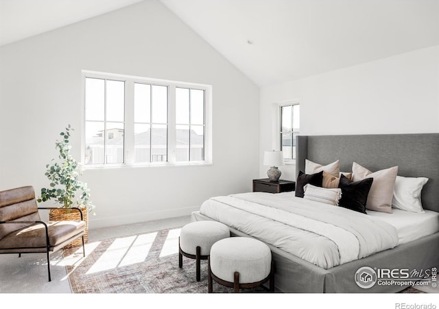 914 Eldorado Ln, Louisville, CO 80027 - bedroom with high vaulted ceiling, baseboards, and carpet
